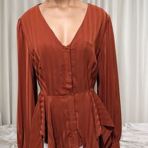 Elegant Rust V-Neck Button-Up Blouse
